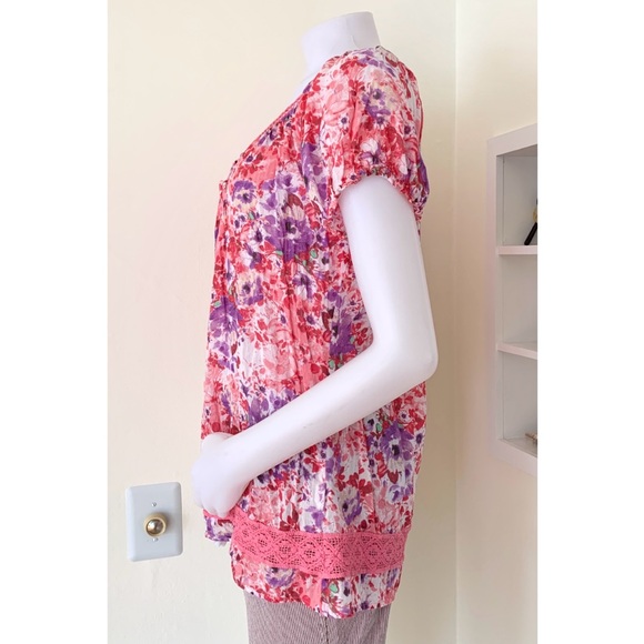 pink purple floral print cap short sleeve blouse with tassels - Picture 8 of 16